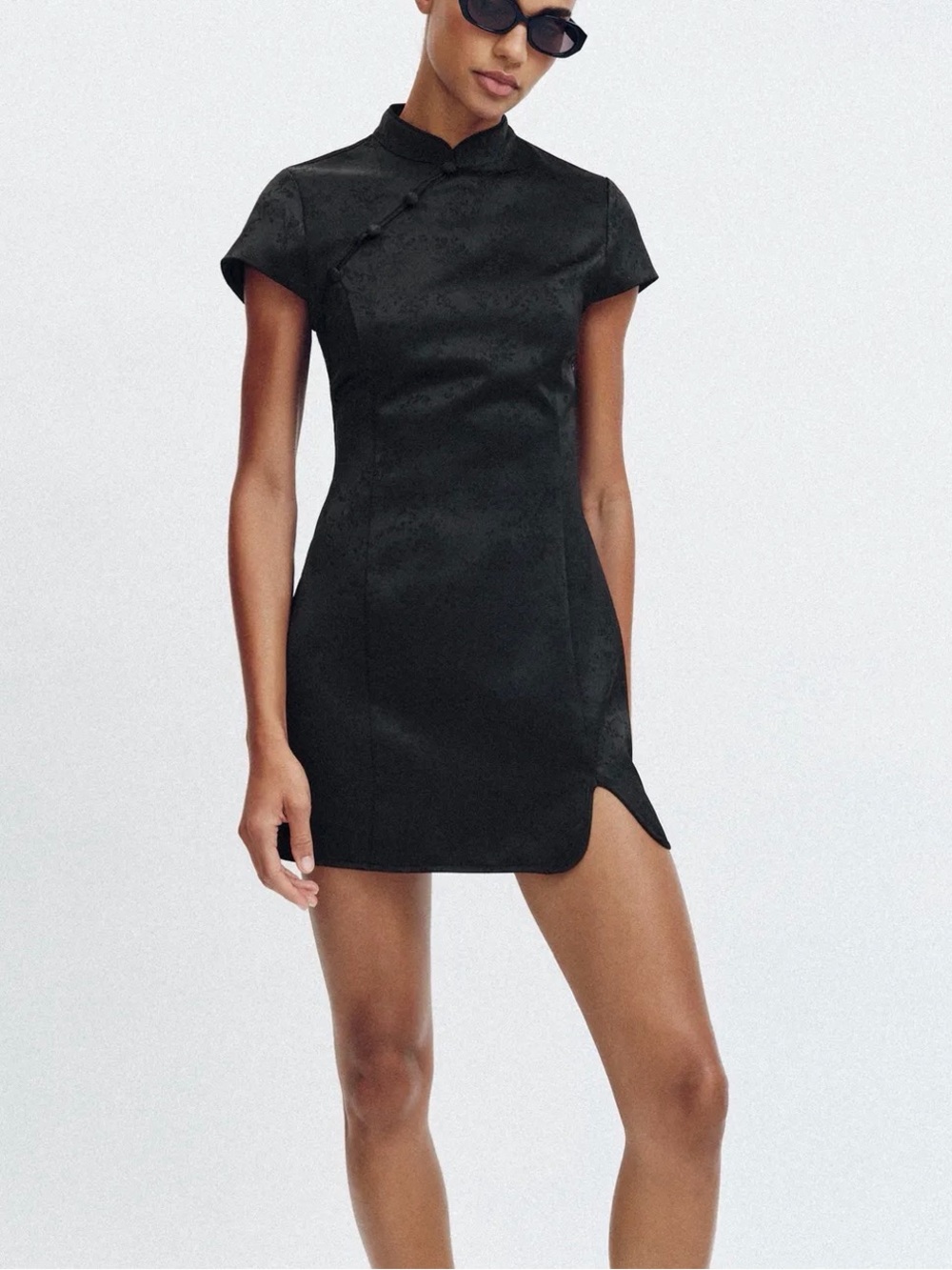 Black Satin Short Jacquard Dress with Mandarin Collar